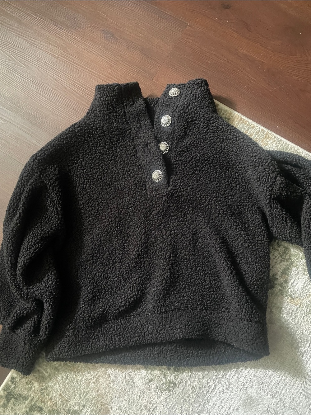 Express Black Sherpa Pullover with Decorative Buttons